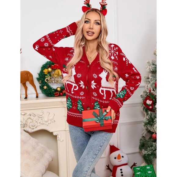 Women's Ugly Christmas Sweater Animal Tree Knit Cardigan Open Front Small - Picture 9 of 9